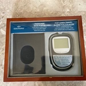 DOCKERS Travel Alarm Calculator & Flip ID in Wooden Tray